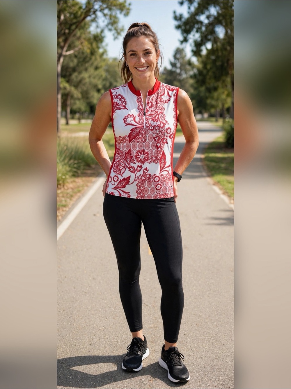 INSPORT Sleeveless Cycling Jersey Red White Paisley Floral 1/2 Zip Made in USA